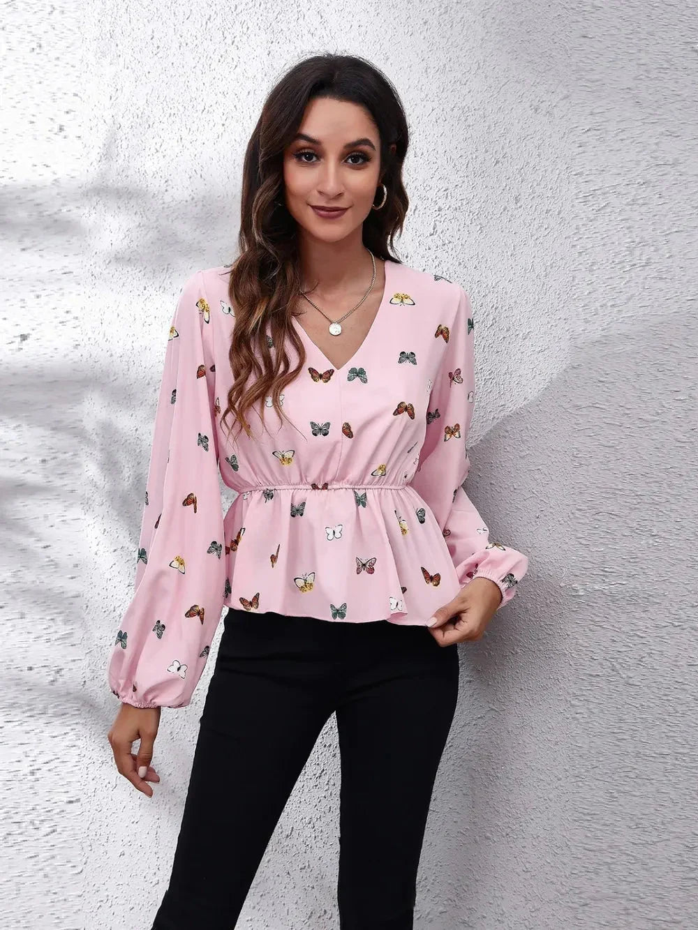 Butterfly V - Neck Balloon Sleeve Peplum Blouse - VILLA FASHION